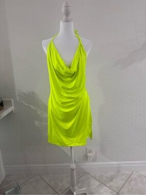 Neon Lime Halter Cowl Neck Mini Dress